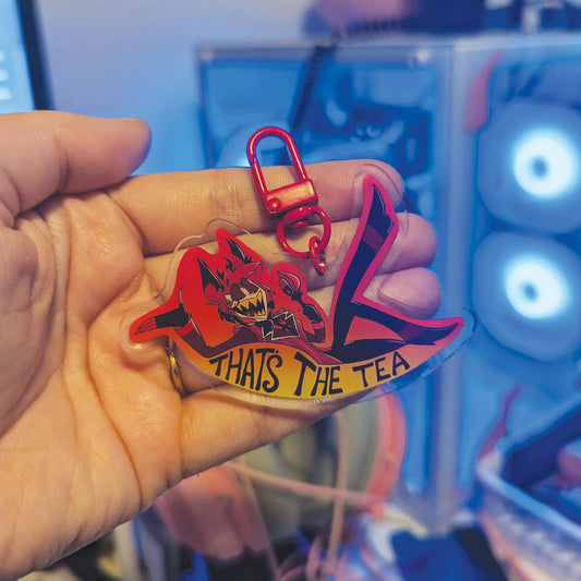 Alastor That's The Tea! Keychain Hazbin Hotel | Approx 3x2 inches | Acrylic Keychain Red Clasp Alastor Keyring hazbin helluva cartoon charm