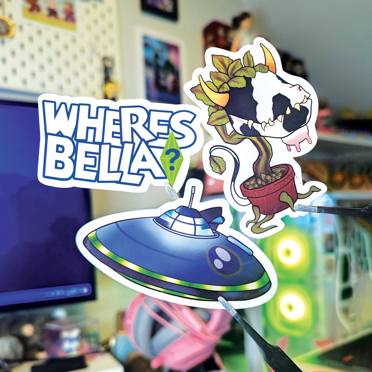 The Sims Oddities Sticker Set | Strangetown SpaceShip Cow Plant Bella Goth Where's Bella Cowplant Handmade Vinyl Sticker | Sims 4 Sims 2 UFO