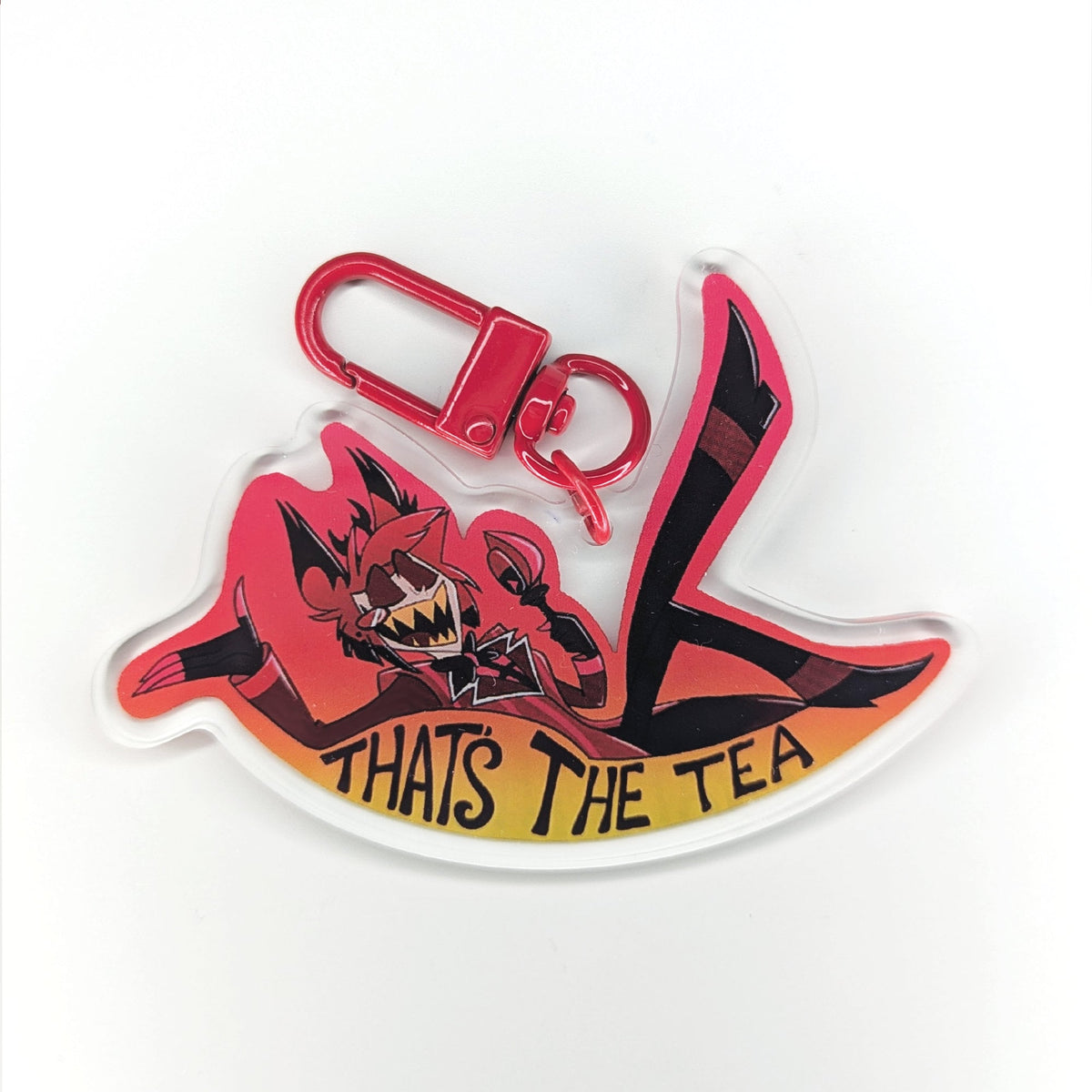 Alastor That's The Tea! Keychain Hazbin Hotel | Approx 3x2 inches | Acrylic Keychain Red Clasp Alastor Keyring hazbin helluva cartoon charm