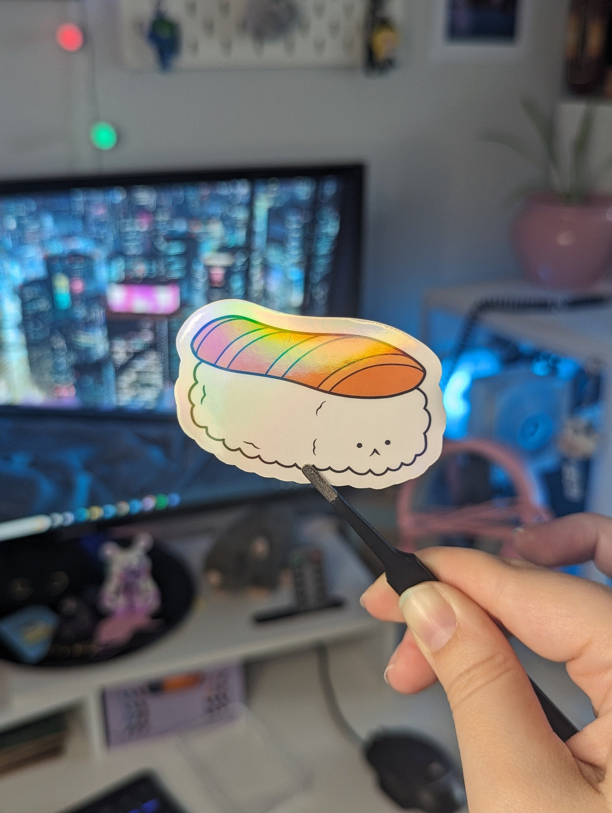 Sushi Holo Vinyl Stickers | Cute sushi shiny stickers perfect for laptops, durable and water resistant | Salmon Egg Onigiri Mochi Tamago