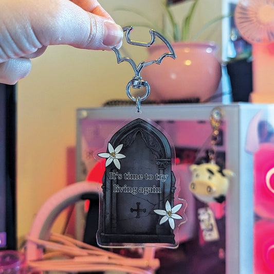 Astarion Gravestone Keychain | Baldurs Gate 3 Romance Quote 'It's Time To Try Living Again'