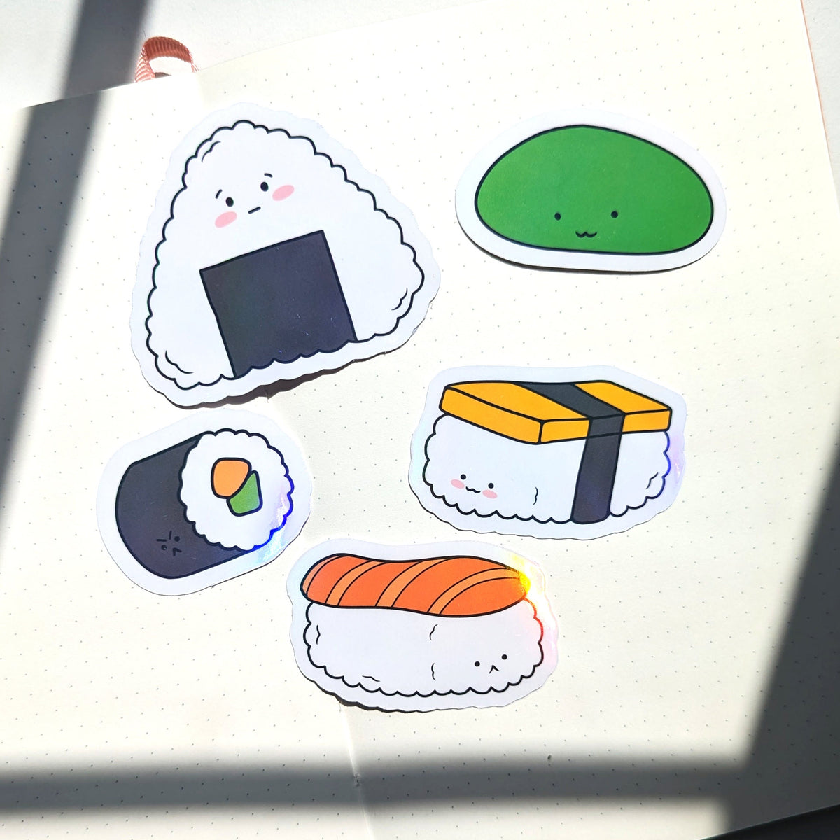 Sushi Holo Vinyl Stickers | Cute sushi shiny stickers perfect for laptops, durable and water resistant | Salmon Egg Onigiri Mochi Tamago