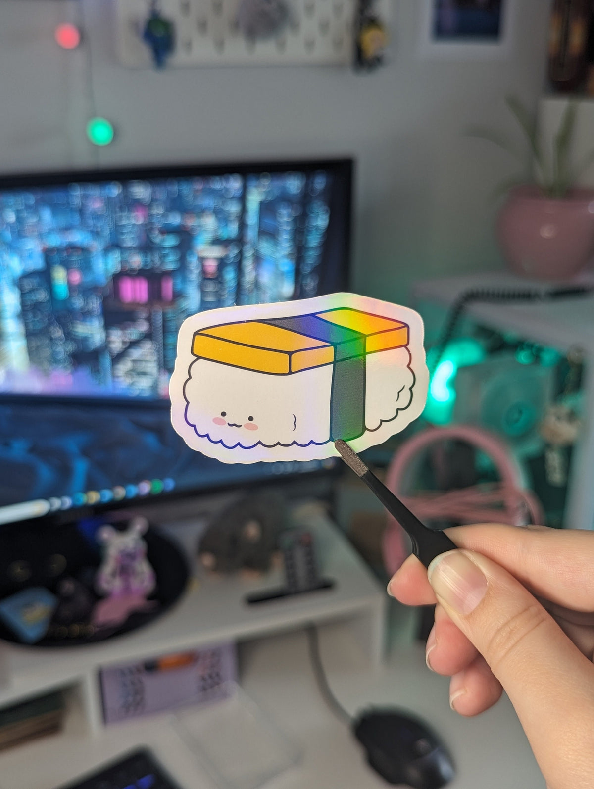 Sushi Holo Vinyl Stickers | Cute sushi shiny stickers perfect for laptops, durable and water resistant | Salmon Egg Onigiri Mochi Tamago