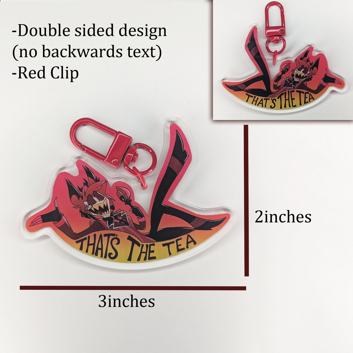 Alastor That's The Tea! Keychain Hazbin Hotel | Approx 3x2 inches | Acrylic Keychain Red Clasp Alastor Keyring hazbin helluva cartoon charm