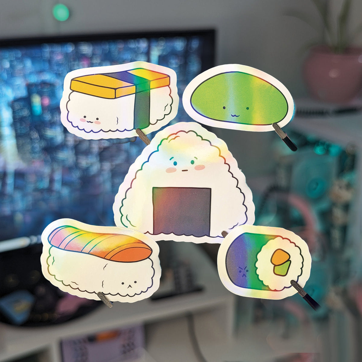 Sushi Holo Vinyl Stickers | Cute sushi shiny stickers perfect for laptops, durable and water resistant | Salmon Egg Onigiri Mochi Tamago